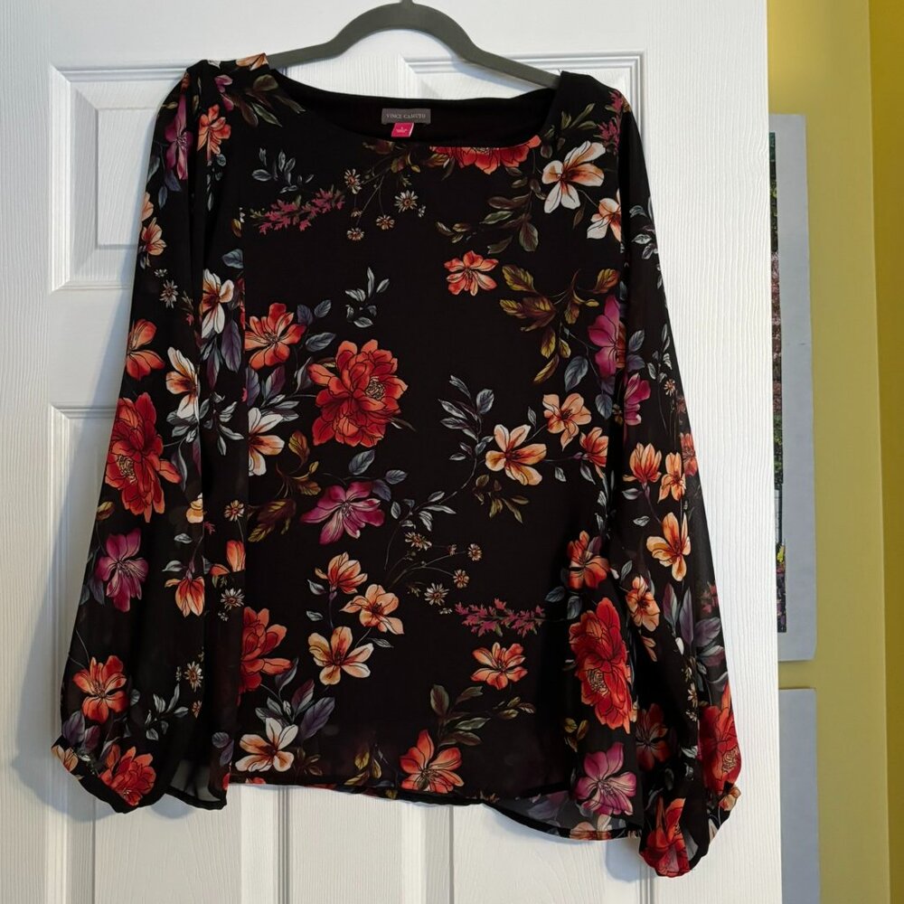 Vince Camuto Floral Sheer Blouse Women's Large Black Long Sleeve NWOT